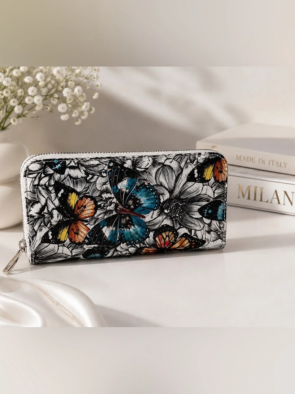 Made in Italy leather Butterfly Garden Zip Wallet Art Print Wallet Excellent